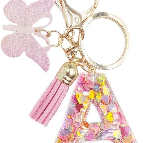 Letter A-Z Keychain Pink Tassel Butterfly Key Ring for Women Backpack Handbags P - Picture 2 of 4